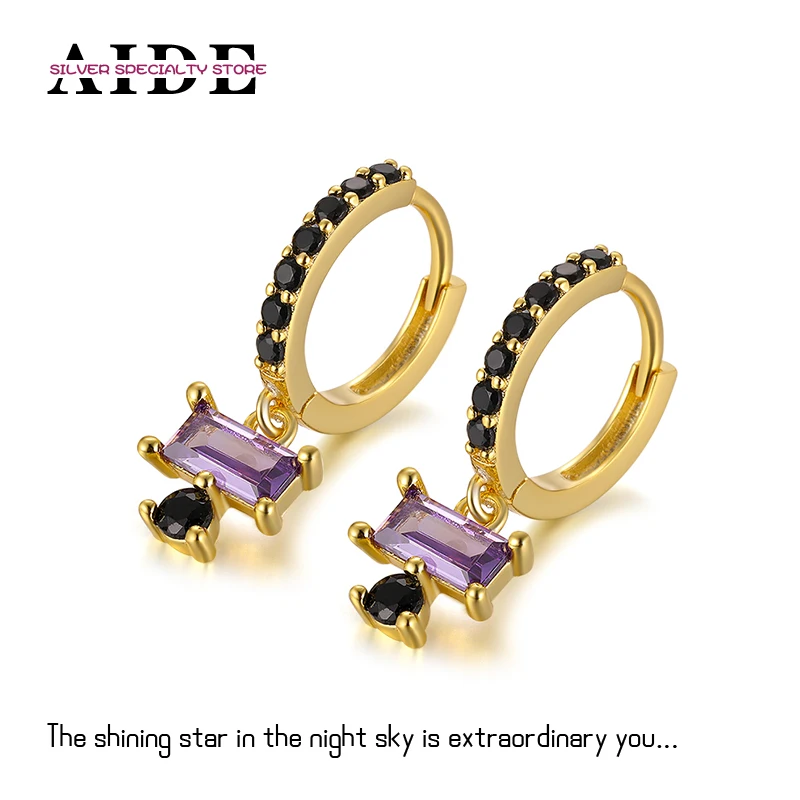 

AIDE 925 Sterling Silver Geometric Black Purple Zircon Hoop Earrings For Women Jewelry Gift Huggie Ear Buckle Pendientes Brincos