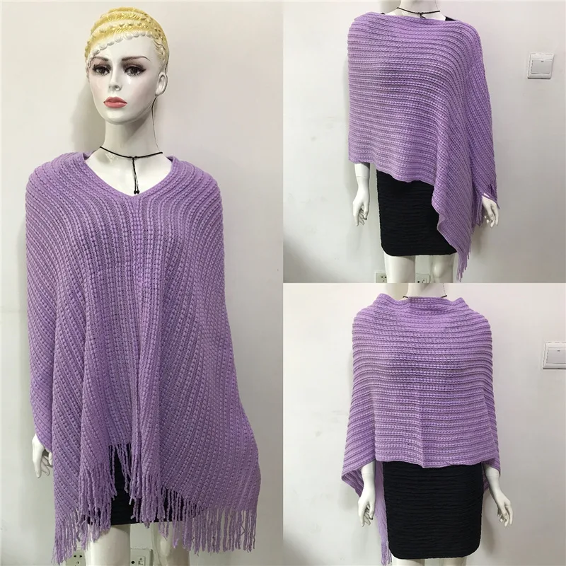 

2022 Spring Autumn Pullover Sweater Knitwear Geometric Splicing Loose Poncho Cape Women Coat Cloak Shawl Sunscreen Purple Shawl