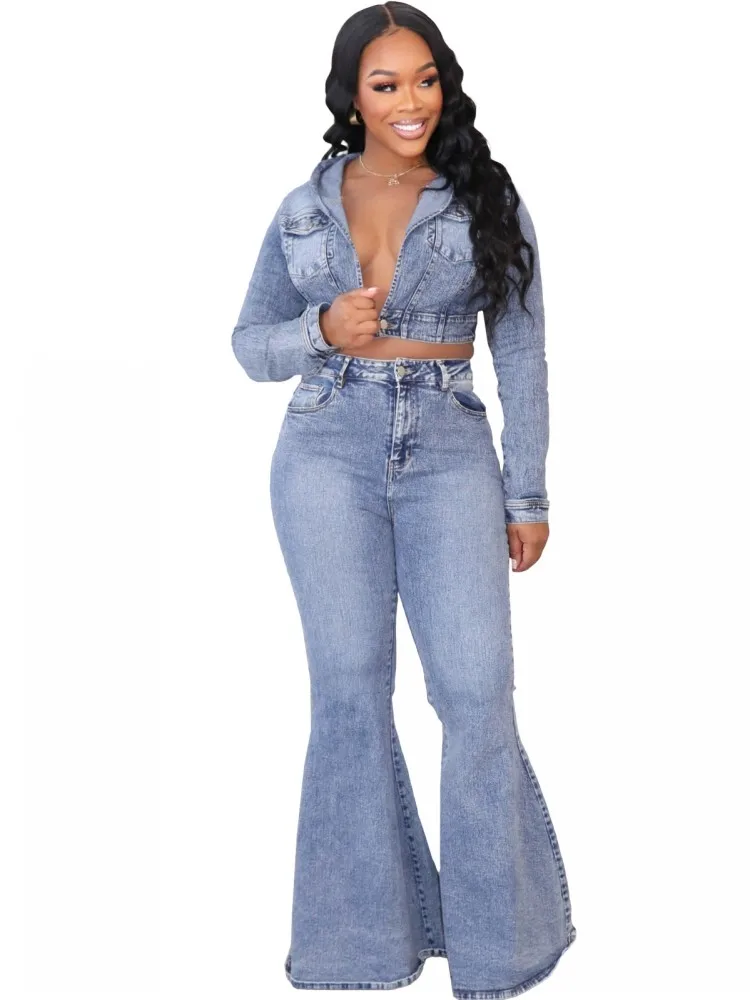 Denim Two Piece Set Women Outfits Fall Winter Fashion Washed Cardigan Hooded Crop Top Flared Pants Suit Street Casual 2piece Set
Denim Two Piece Set Women Outfits Fall Winter Fashion Washed Cardigan Hooded Crop Top Flared Pants Suit Street Casual 2piece Set