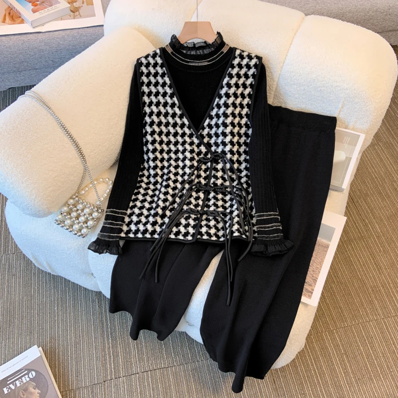 

Women OL Knitted Suits O Neck Pockets Cardigan+Wide Legs Long Pants Senior Winter Elegant Fashion Sets Autumn Winter