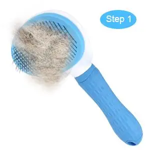 Self-Cleaning Pet Brush | Dogs & Cats, Grooming Tool A blue slicker brush shown full of trapped grey pet hair after a grooming session, illustrating the effectiveness of the fine bristles.