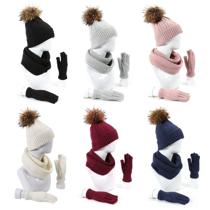 

3pcs Men Women Knitted Beanie Hat Scarf Gloves Set Thick Winter Warm Fake Ball Pom Pom Cap Neck Warmer