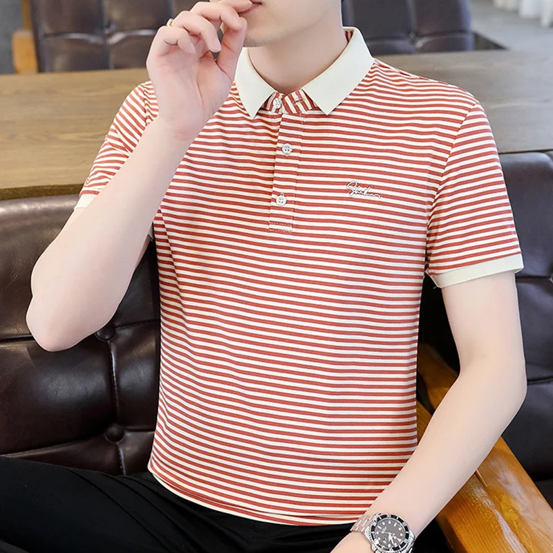 

Fashion Lapel Button Spliced Business Striped Polo Shirts Men's Clothing 2024 Summer New Casual Pullovers Tops All-match T-Shirt