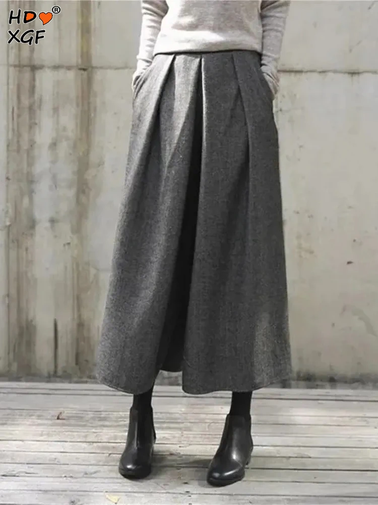 

High Waist Elastic Loose Woolen Wide Leg Skirts Pants Womens Pleated Casual Fat Leg Pants 2024 Winter Autumn Straight Trousers