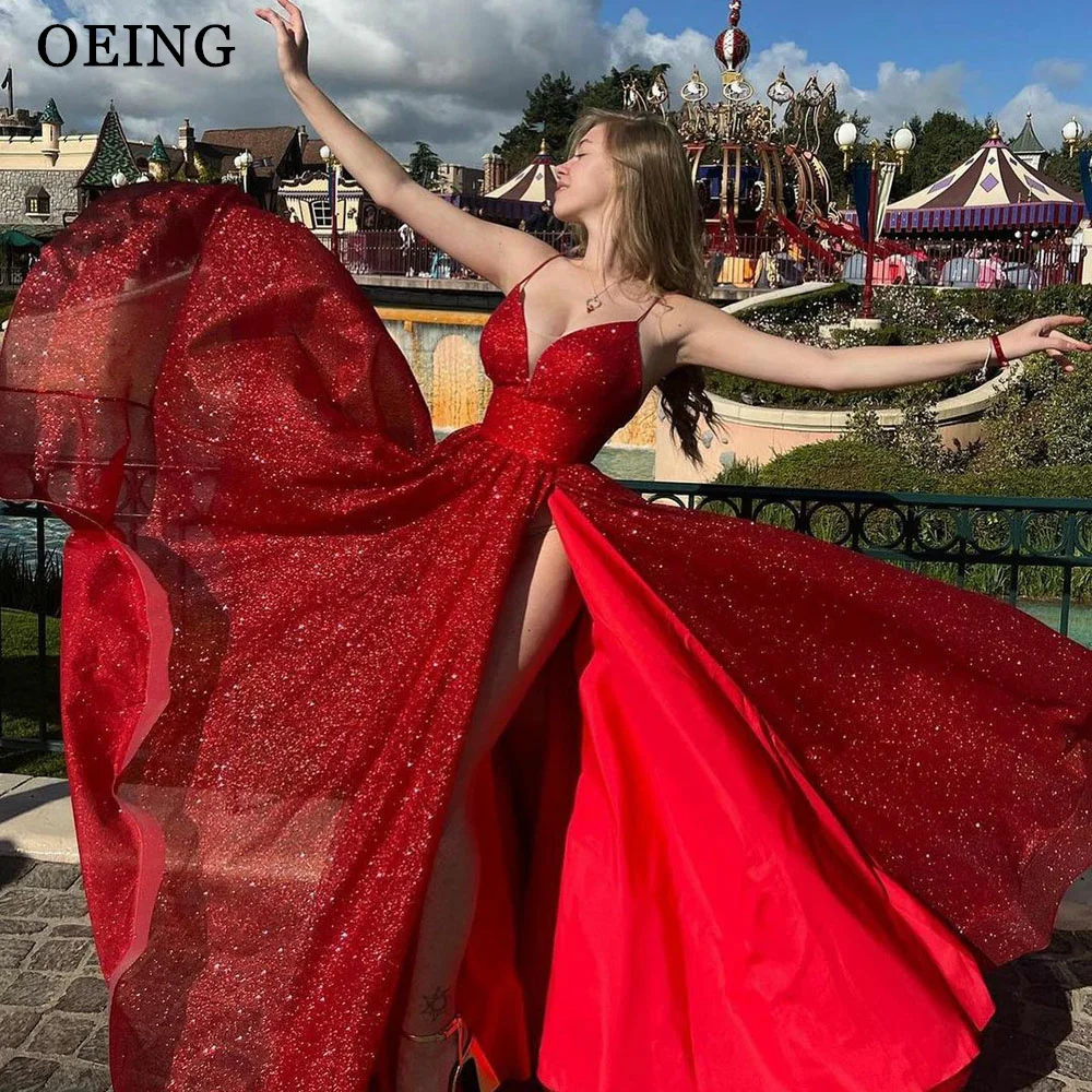 

OEING Sparkly Red Long Evening Party Dresses Spaghetti Straps Deep V Neck Shiny Prom Gowns Glitter Special Occasion Celebrity