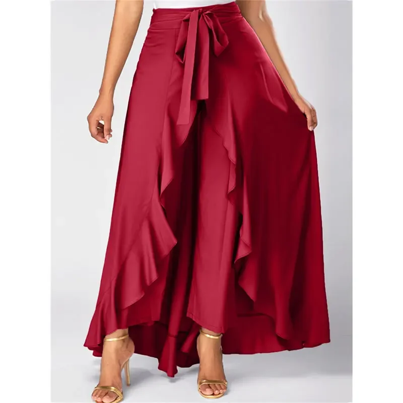

Short Front Long Back Party Skirts Irregular High Low Grey Side Zipper Tie casual Wild Front Overlay Pants Ruffle Long Skirt