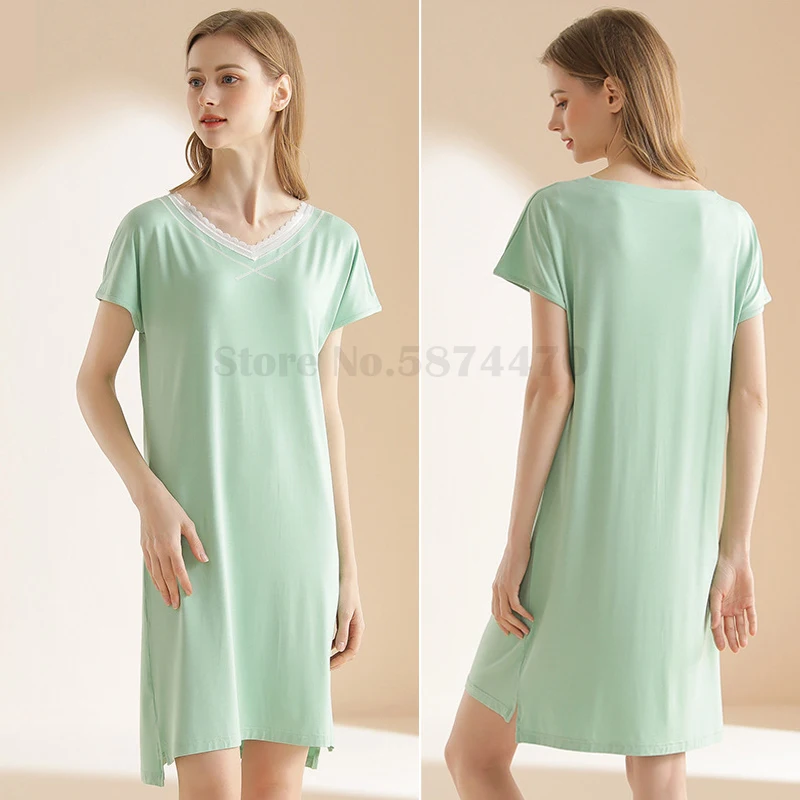 

Sexy V-Neck Nightgown Modal Home Clothes Lace Neckline Solid Loungewear Women's Intimate Lingerie Nightdress Fashion Sleepwear