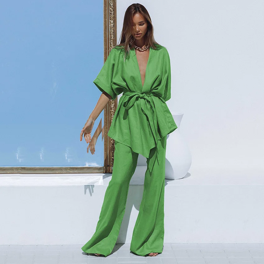 2pcs Pajamas Sets for Women Loungewear Short Sleeve Belt V-neck Cardigan Leg Wide Trousers Solid Homewear Woman Clothing Pjs
2pcs Pajamas Sets for Women Loungewear Short Sleeve Belt V-neck Cardigan Leg Wide Trousers Solid Homewear Woman Clothing Pjs
