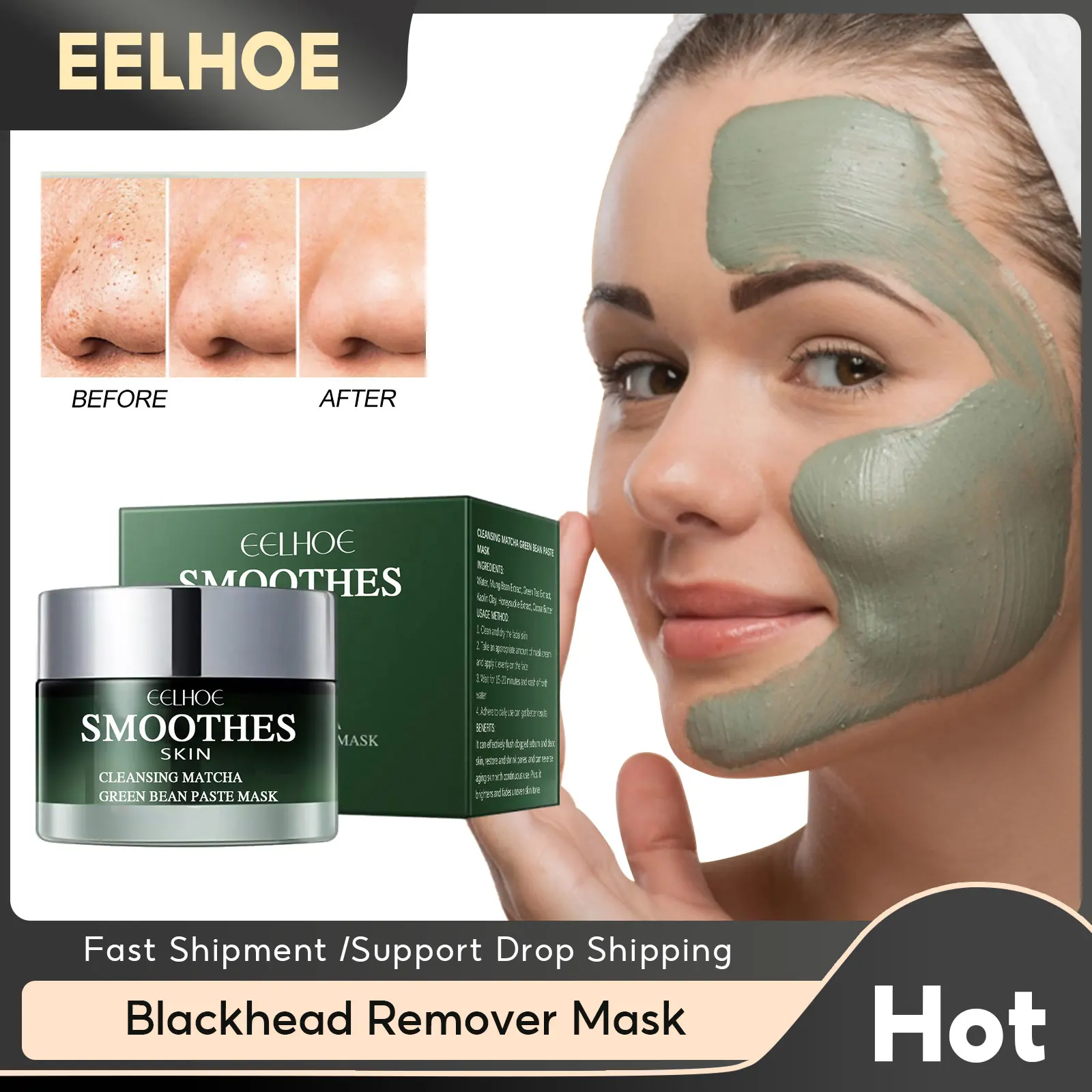 

Green Tea Blackhead Remover Mud Mask Moisturizing Oil Control Shrink Pores Purify Acne Deep Cleansing Facial Skin Whitening Mask