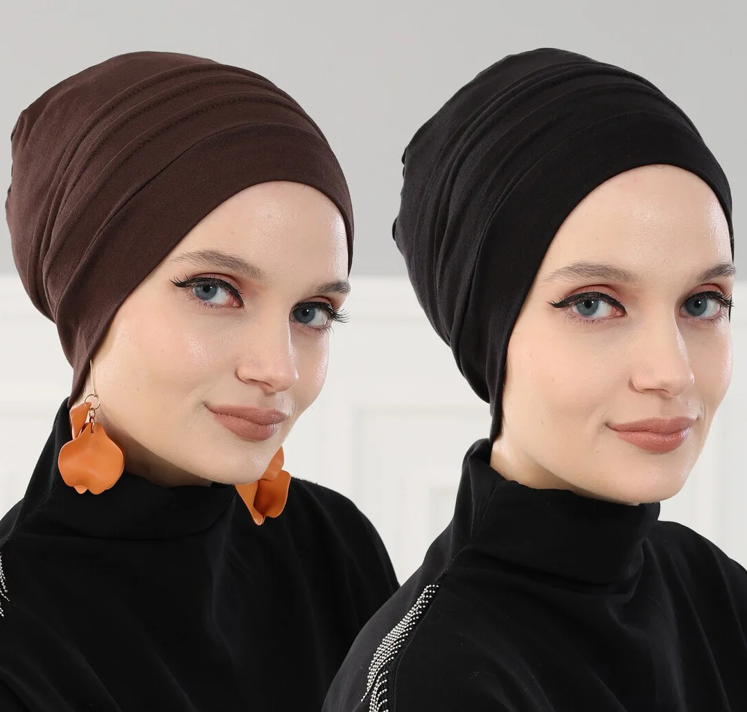 

2023 New Thickened Elastic Turban Hijab Caps Muslims Solid Color Pleated Head Wrap Bandana Casual Beanies Chemo Hats