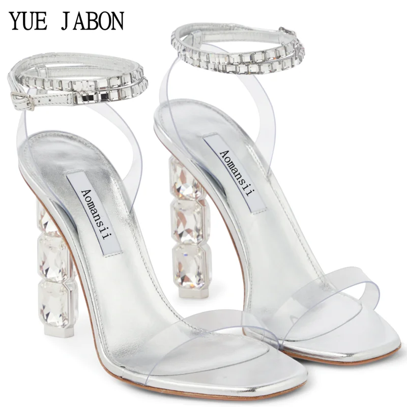 

Серебристые женские сандалии из мягкой кожи, прозрачные туфли-лодочки с ремешком на щиколотке, новая женская летняя Свадебная обувь на квадратном каблуке