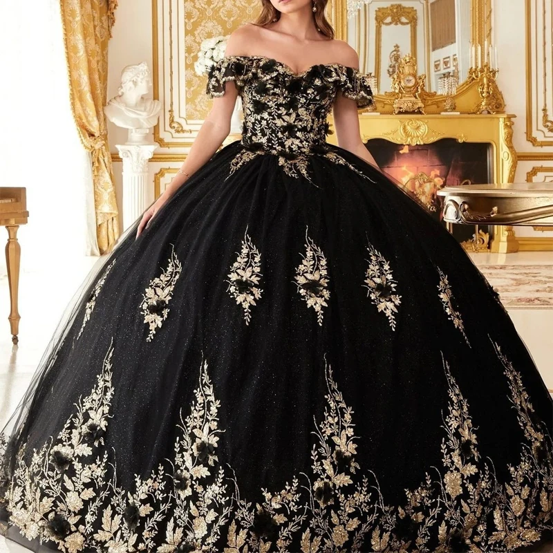 

Black Princess Quinceanera Dresses Ball Gown Off The Shoulder Appliques Lace Flower Sweet 16 Dresses 15 Años Mexican