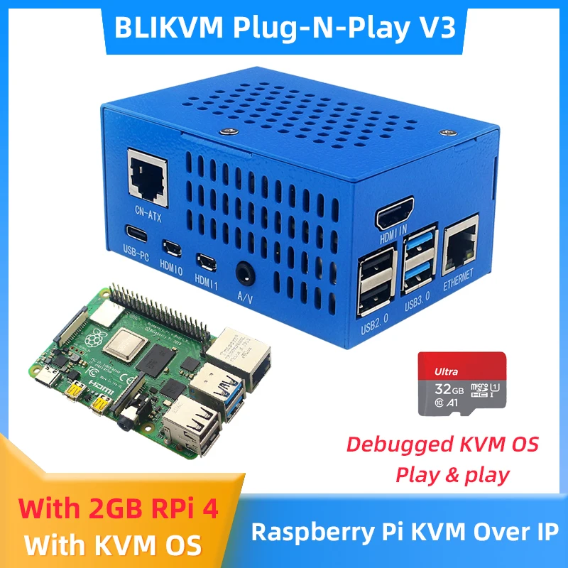 

Raspberry Pi BLIKVM Plug-N-Play V3 with Pi 4 2GB Board Debugged KVM System KVM Over IP HDMI-compatible CSI LED Display RTC PoE
