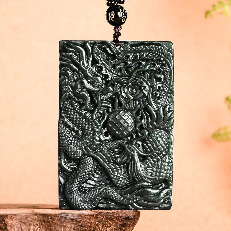 

Genuine Natural Hetian Cyan Jade Dragon Phoenix Pendant Necklace Fashion Jewelry Hand-carved Charm Amulet Gifts for Women Men