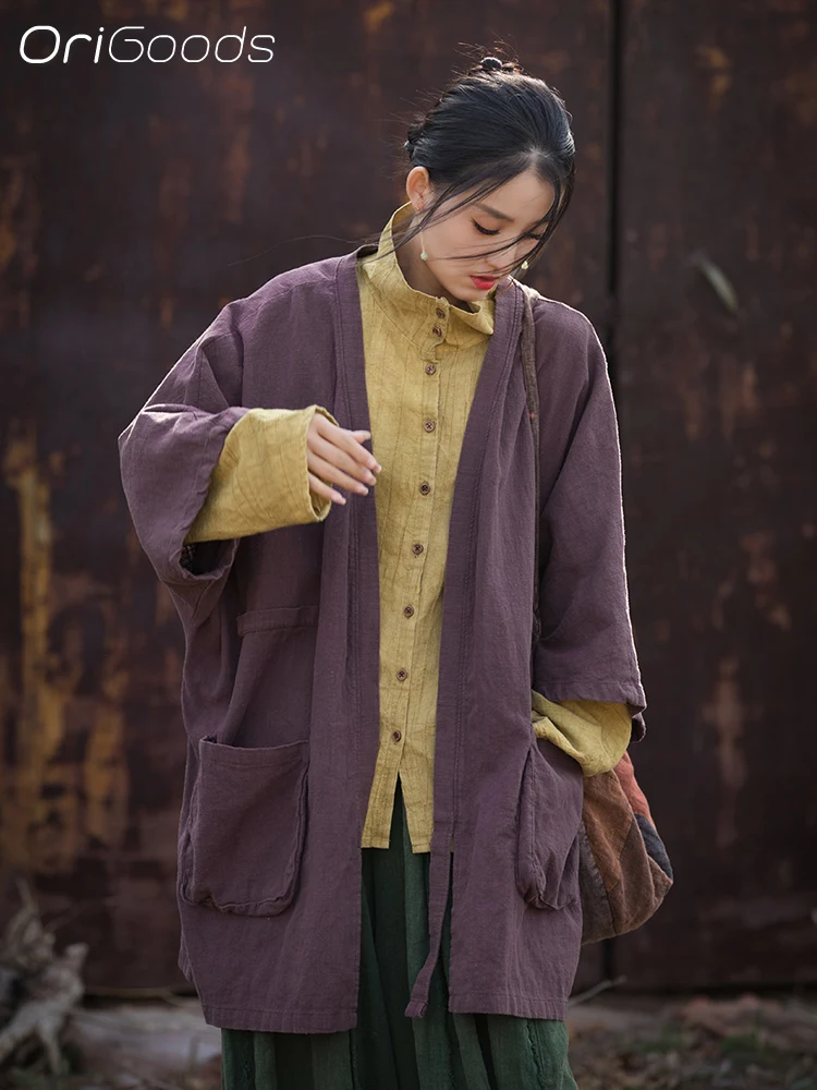 

OriGoods Oversized Coat Women Ramie Cotton Long Kimono Jacket National style Batwing Black Purple Cape Women Shirt Tops B231