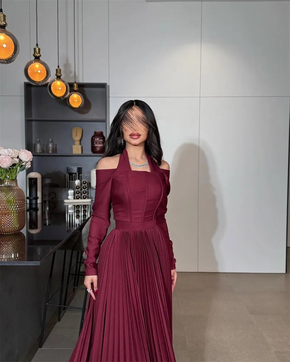 Sansa Customized Halter Neck Long Sleeve A-line Prom Dresses Floor-length Elegant Evening Dresses Simple Pleats Party Dresses 12 Sb66a509d38594f92846c4af0dac608913