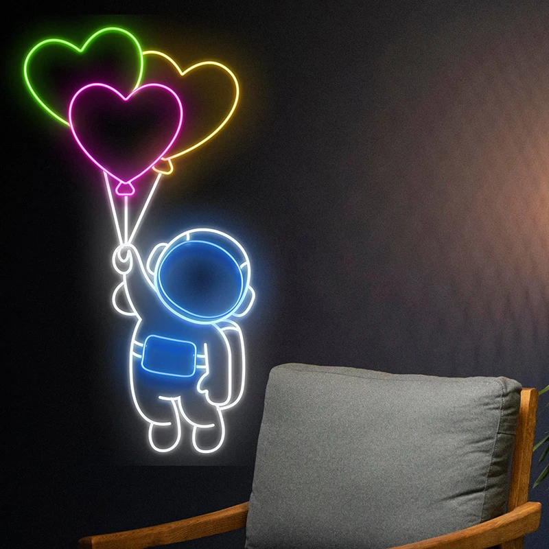 

Heart Balloon Astronaut Neon Sign Flying Astronaut Led Signs Nursery Room Bedroom Decor Home Wall Artwork Spaceman Neon Light