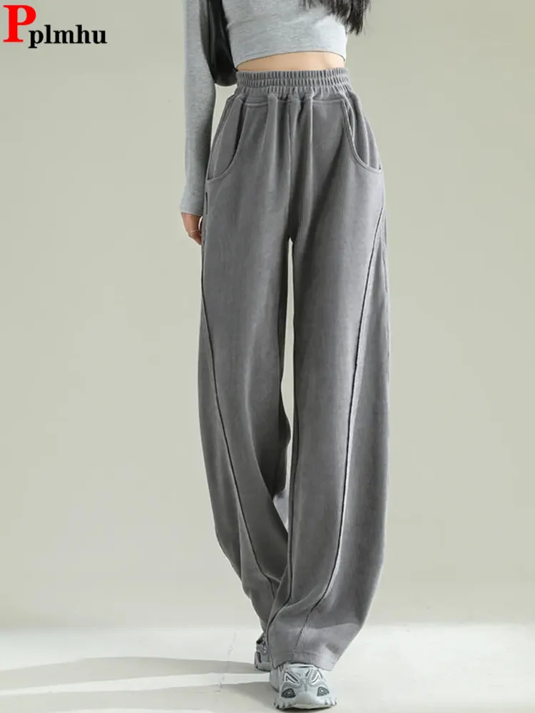 

Spring Fall Grey Pant Casual Baggy Elastic High Waist Solid Pantalone Korean New Women Running Wear Jogger Spodnie