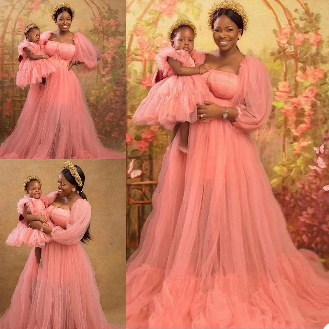 

Fashion Pink Tulle Tiered Maternity Robes For Photo Shoot Custom Made Ruffled Pregnant Women Night Gown Pajamas Floor Length