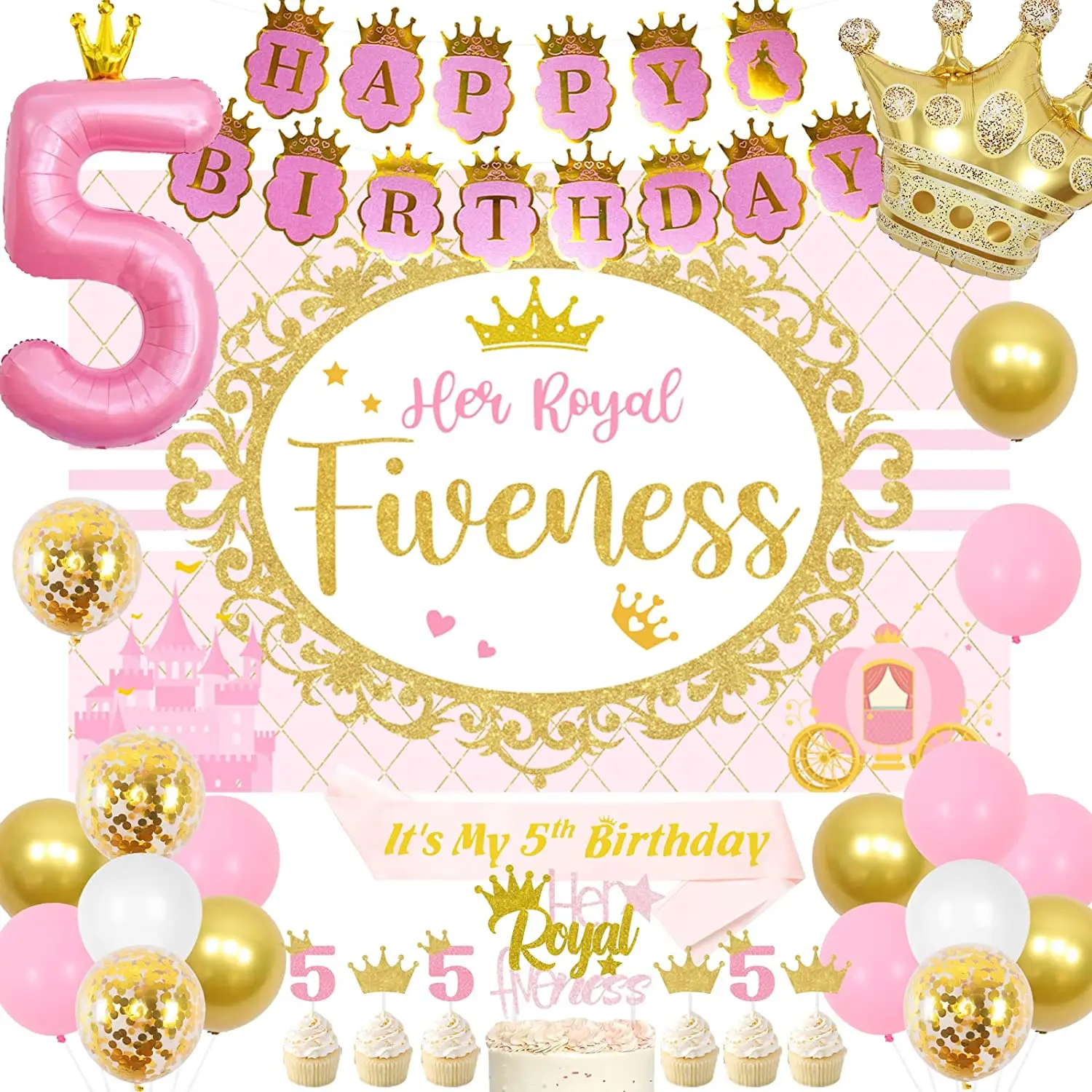 

5th Birthday Decorations for Girl Her Royal Fiveness Backdrop Cake Topper Sash Crown Balloons for Princess 5 Years Old Supplies