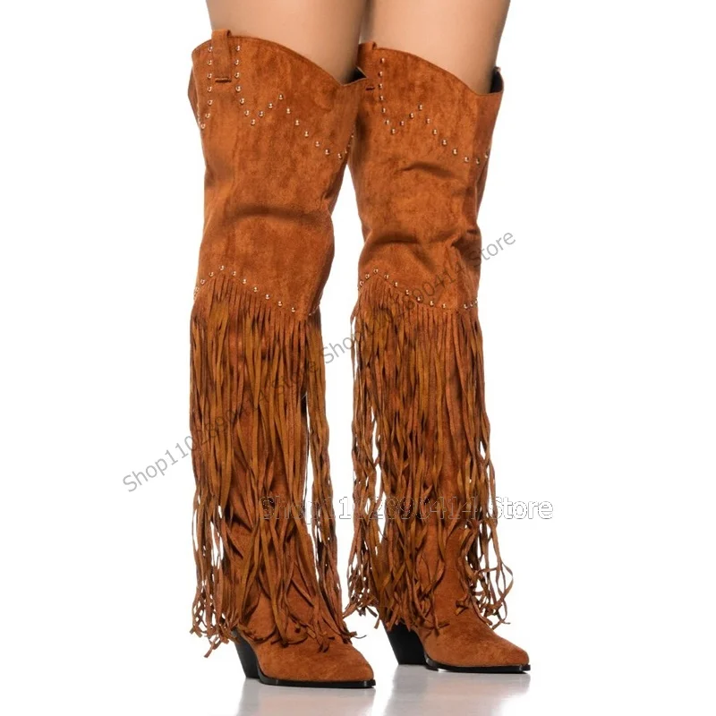 Brown Tassels Rivets Decor Pointed Toe Boots Knee High Women Shoes Chunky Heels Fashion Party Runway 2023 Zapatos Para Mujere
Brown Tassels Rivets Decor Pointed Toe Boots Knee High Women Shoes Chunky Heels Fashion Party Runway 2023 Zapatos Para Mujere