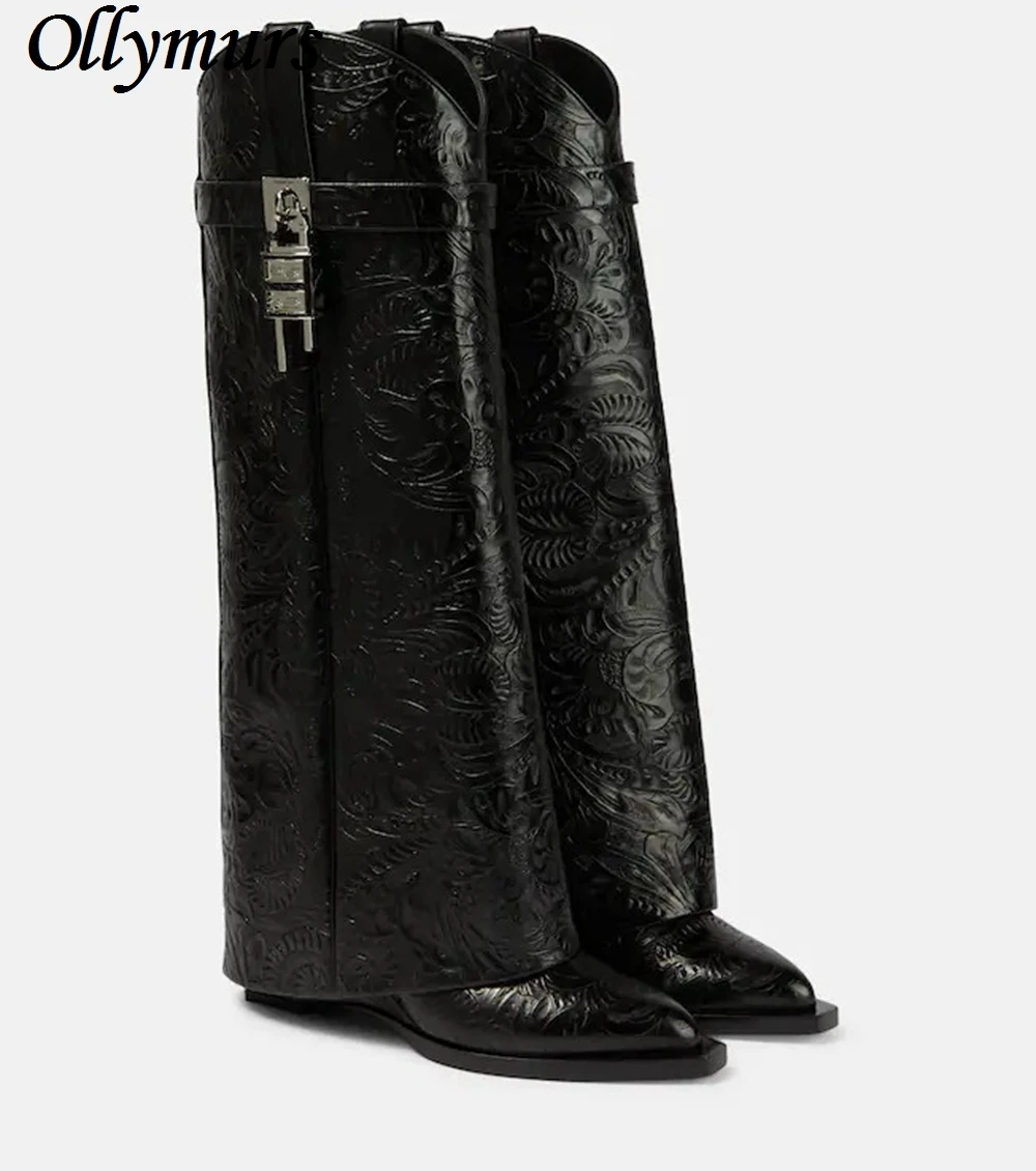 European and American New Wedge Pointed Metal Lock Black Printed plus size Women's Boots knee high boots shoes women 
European and American New Wedge Pointed Metal Lock Black Printed plus size Women's Boots knee high boots shoes women