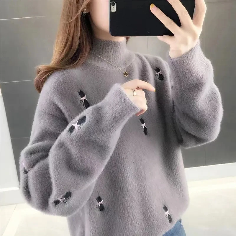 

Water Mink Velvet Pullover Sweater Women's Outside Wear Autumn Winter New Loose With Half-High Collar Warm Knit Bottoming Shirt