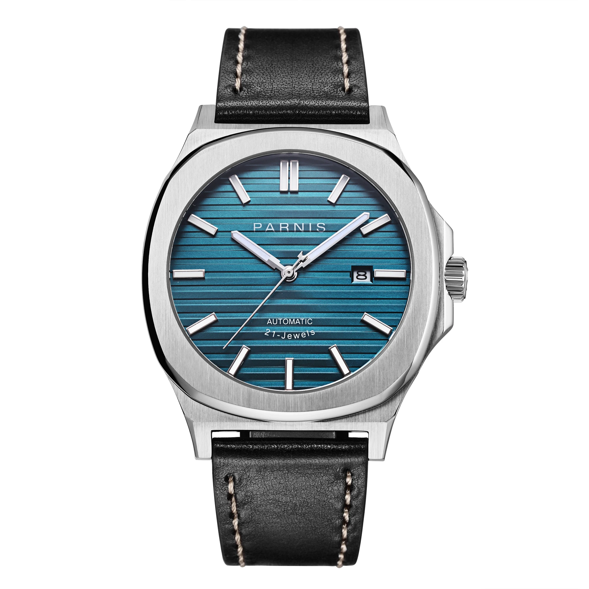 

New Parnis 42mm Blue Automatic Mechanical Men's Watch Sapphire Glass Leather Strap Miyota 8215 Movement Men Watches reloj hombre