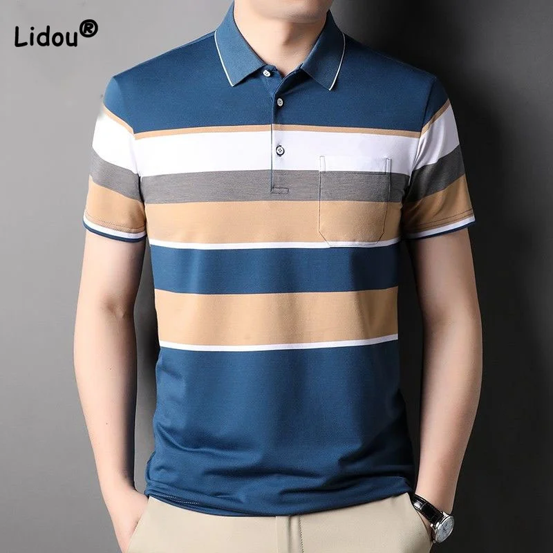 

Fashion Contrast Color Spliced Polo-Neck Shirt for Men 2023 Casual Korean Button Trend Short Sleeve T-shirt Summer Male Clothes