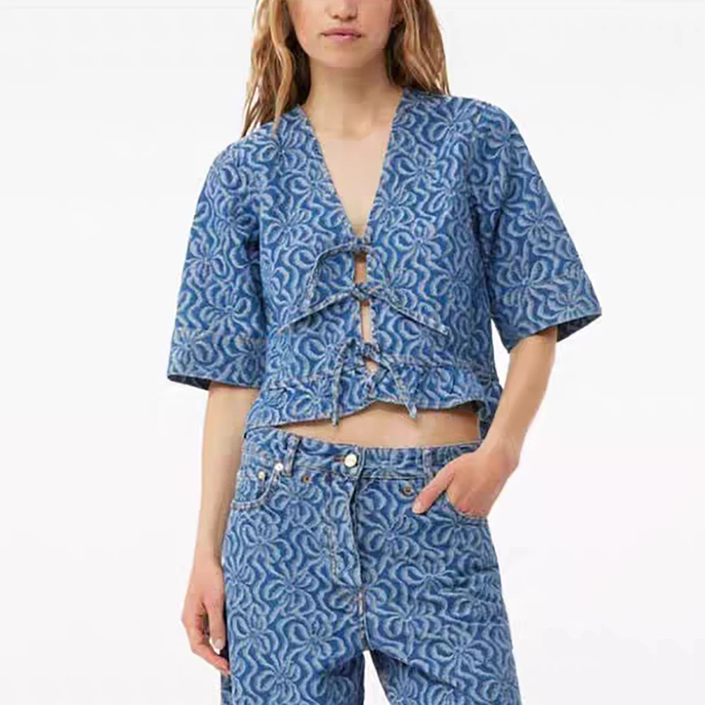 

Women's Vintage Cowboy Jacquard Ruffle Splicing V-Neck Tie Fashion Peplum Tops, Cotton T-shirt, Spring, Summer, New, Y2k, 2024