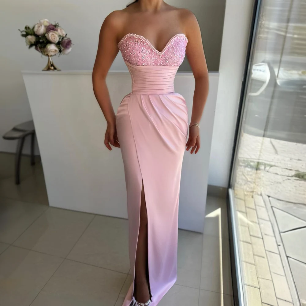 

Off the Shoulder Satin Beaded Strapless Prom Dress for Women Sexy Mermaid Side Split Court Prom Evening Gown robe de mariée