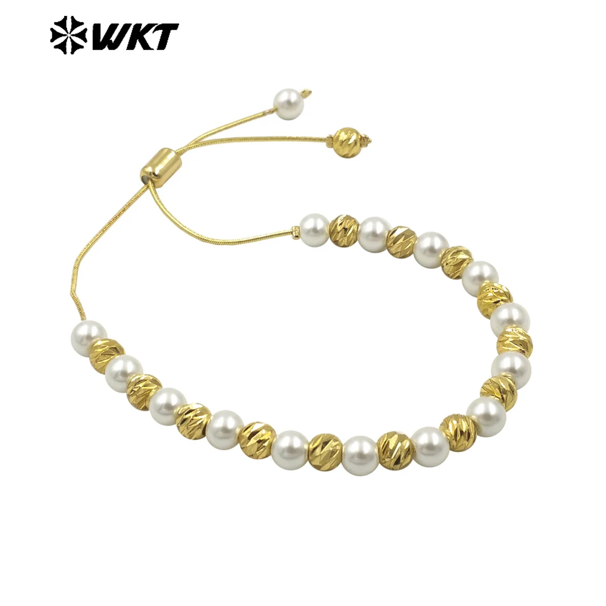 

WT-JF352 Simple Beautiful In Artificial Pearl 18k Gold Beads Spacing Design Thin Adjustable Women Bracelet Decorated