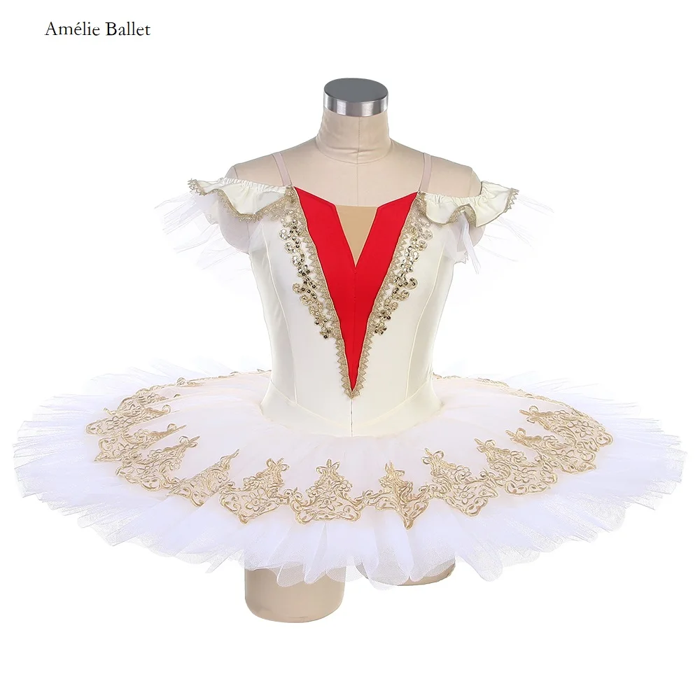 

BLL584 Off Shoulder Ivory Spandex Bodice with Gold Applique Ballerina Tutu Pre-professional Costumes for Girls&Women Ballet Wear