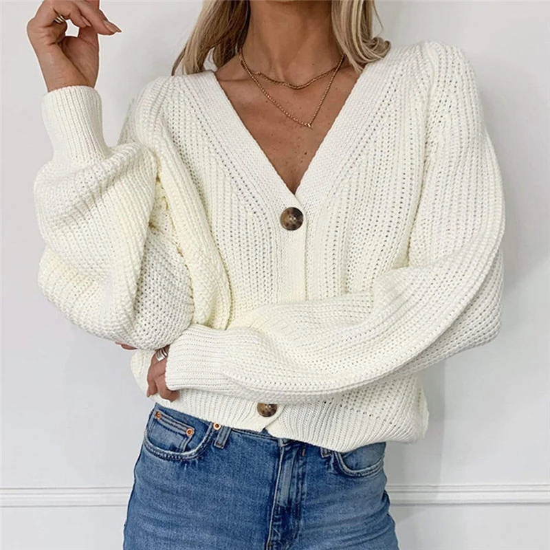

Women Fashion Oversized V-Neck Button Solid Knitwear Outwear Cardigans Autumn New Casual Batwing Sleeve Knitted Sweater Female