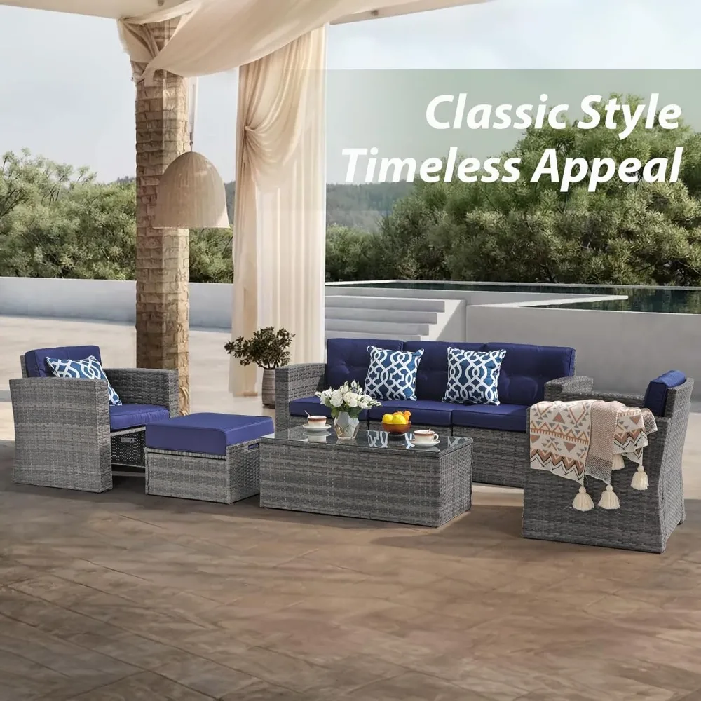 7 Piece Patio Furniture Set, Patio Conversation Sets, All-Weather PE Wicker Outdoor Sectional Sofa with Ottoman, Tempered 7 Piece Patio Furniture Set, Patio Conversation Sets, All-Weather PE Wicker Outdoor Sectional Sofa with Ottoman, Tempered