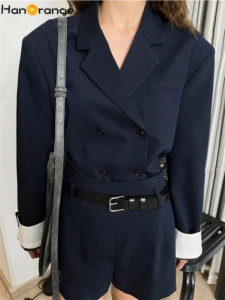 

HanOrange 2024 Early Spring Paris Fashionable Modern Wide Shoulder Silhouette Suit Jacket Casual Short Blazer Grey/Navy Blue