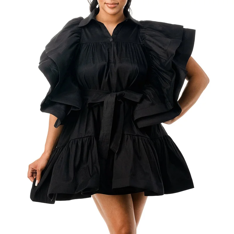 

Women Ruffles Flare Clock Sleeve Turn-down Collar Front Button Smock Babydoll Big Swing Dresses 2024 INS Street Dress