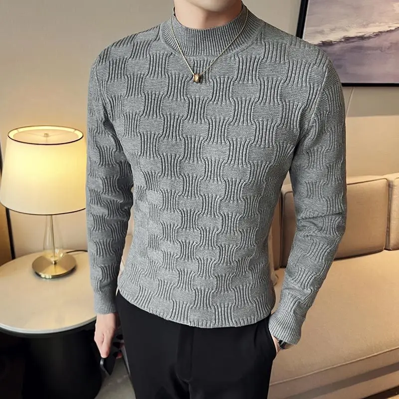 

Autumn and winter new half turtleneck sweater men slim knit solid color dark flower pullover tight-fitting bottom sweater thread