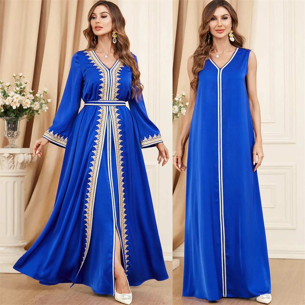 

Abayas For Women Muslim Sets Guipure Lace Panel Belted Kaftan Split Hem Two Piece Dress Dubai Turkey Arabic Jalabiya Eid Ramadan