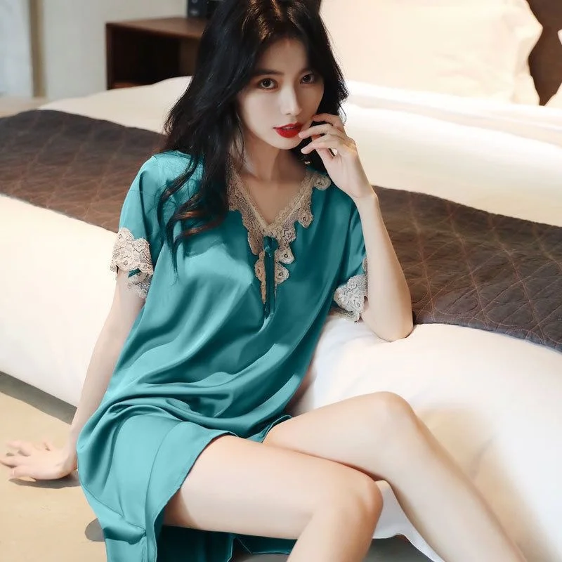 L-U-K Lady Pajamas Women's Summer Ice Silk Loose Large Size Sexy Lace Ice And Snow Silk Short-sleeved Nightdress Home Clothing
L-U-K Lady Pajamas Women's Summer Ice Silk Loose Large Size Sexy Lace Ice And Snow Silk Short-sleeved Nightdress Home Clothing