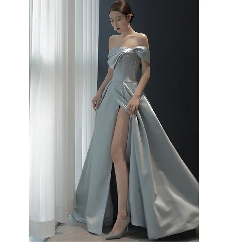 

JEHETH Elegant One Shoulder Evening Dresses A-Line Cutaway Prom Gown Satin Long robes de soirée Sexy Side Slit vestidos de noche
