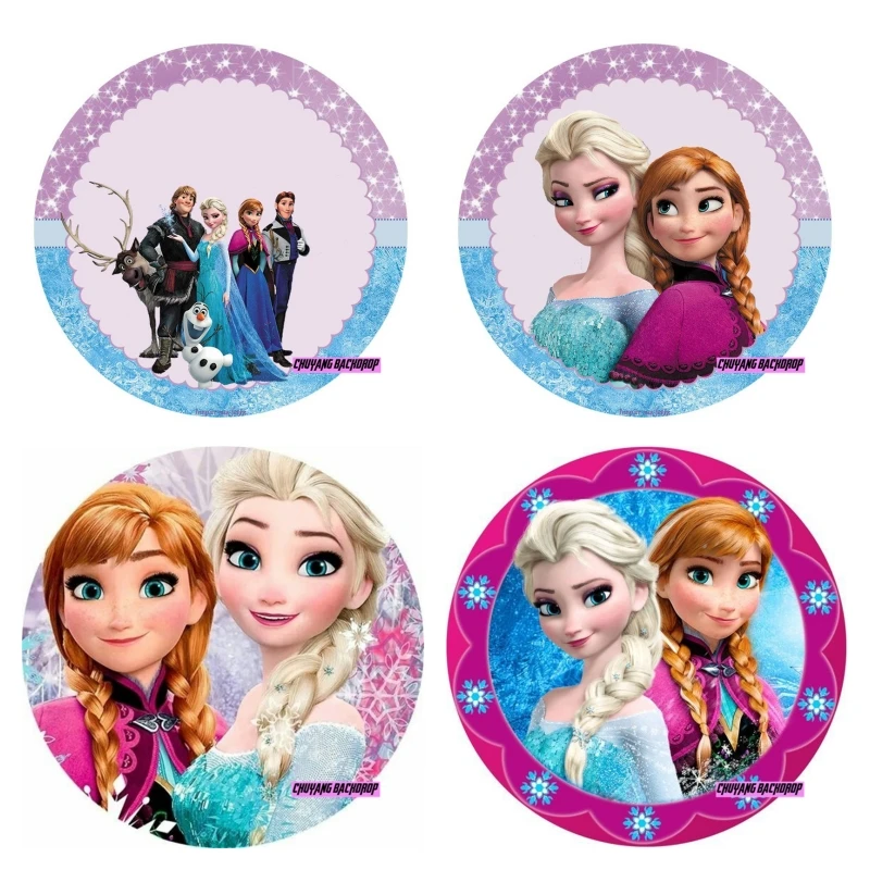 

Disney Snow Queen Frozen Round Party Backdrop Princess Elsa Anna Theme Birthday Party Wall Decorations Customized Photozone Prop