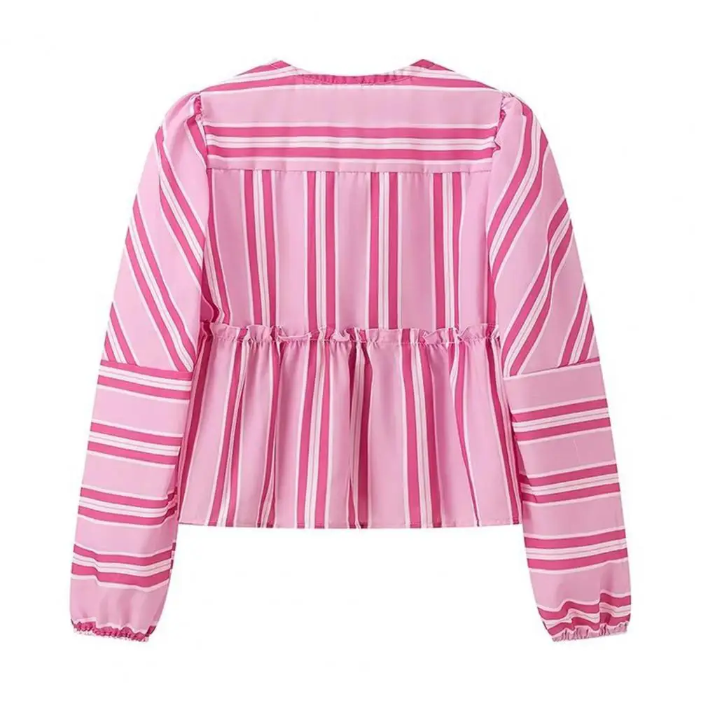 Женская блузка с длинным рукавом, полосатая блузка с оборками и шнуровкой на подоле, с круглым вырезом и длинным рукавом-фонариком спереди 
Женская блузка с длинным рукавом, полосатая блузка с оборками и шнуровкой на подоле, с круглым вырезом и длинным рукавом-фонариком спереди