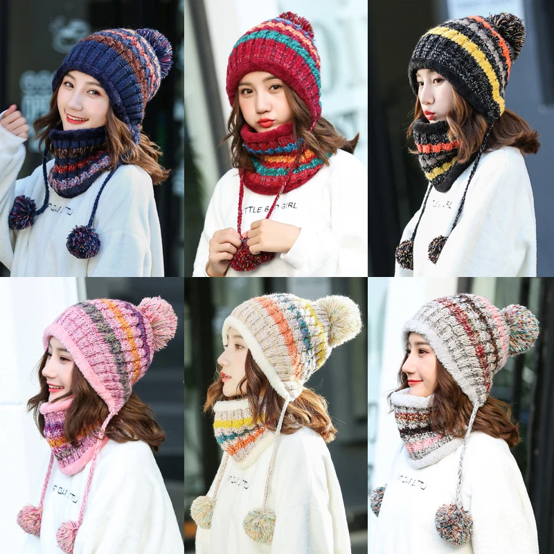 

Winter Warm Beanie Set Trendy Beanie With Pom Striped Knit Hat Neck Gaiter Fleece Beanies Classic Coldproof Hat For Women