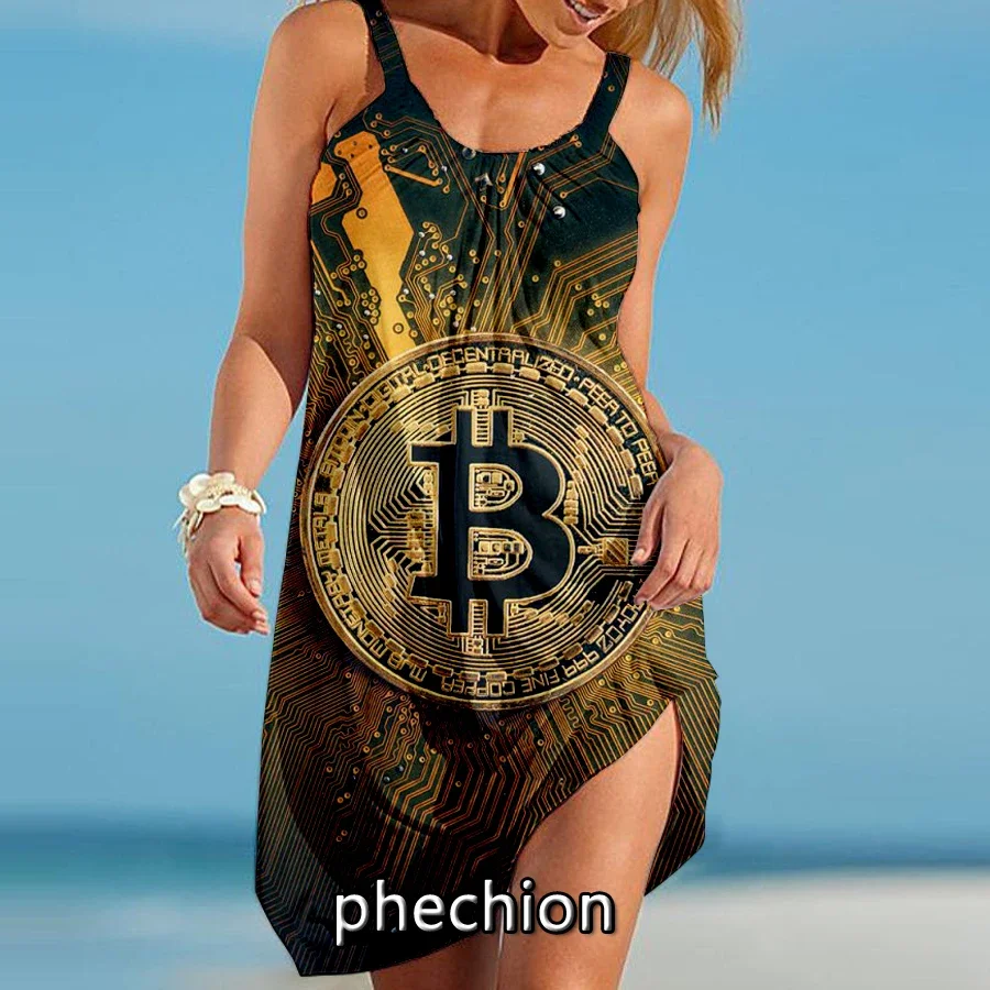 

phechion Summer Sexy Beach Dress Bitcoin 3D Print Women Spaghetti Strap Dresses Streetwear Women O-Neck Dresses N05