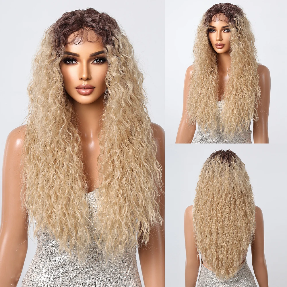 

Afro Kinky Curly Synthetic Wigs Lace Front Long Light Blonde Dark Root Wigs Pre Plucked 13X1 Lace for Women Daily Use Brazilian