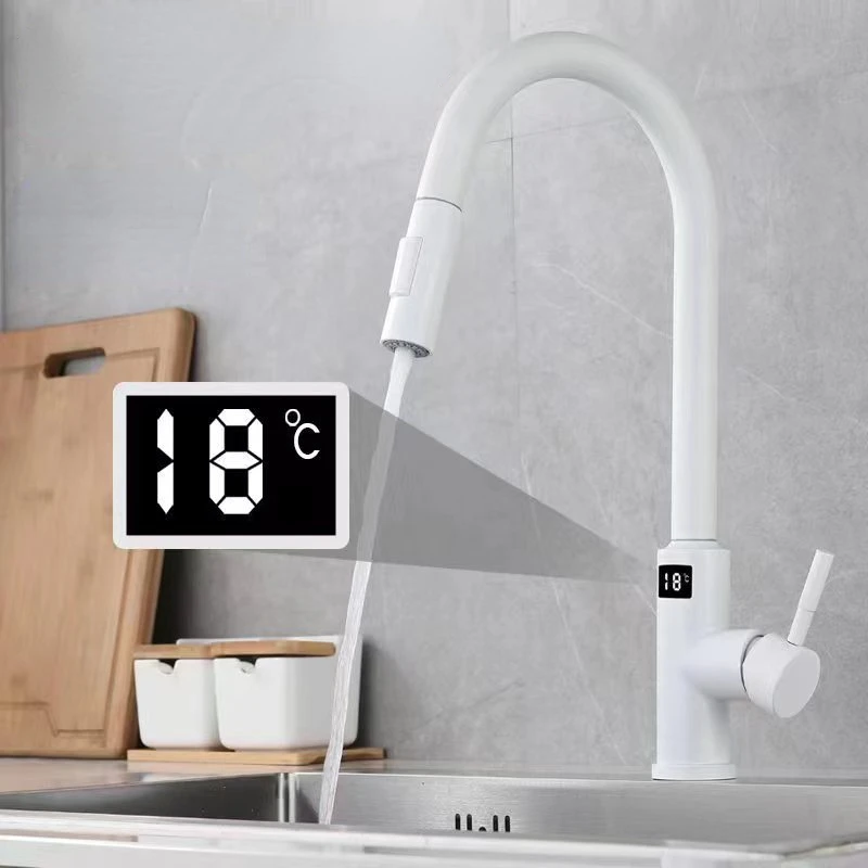 

White Smart Touch Digital Display Faucet Stainless Steel Multi-function Pull-out Kitchen Sink Hot and Cold