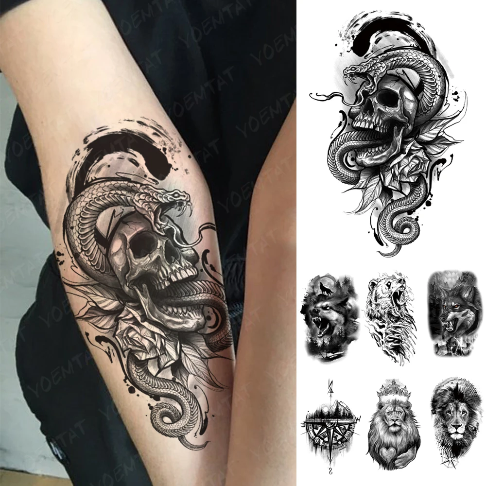 

Водостойкая Временная тату-наклейка, змея, черепа, цветок, волк, лес, татуировки, реалистичные руки, сексуальные искусственные тату для мужчин, женский боди-арт, Мужское боди, боди-арт
