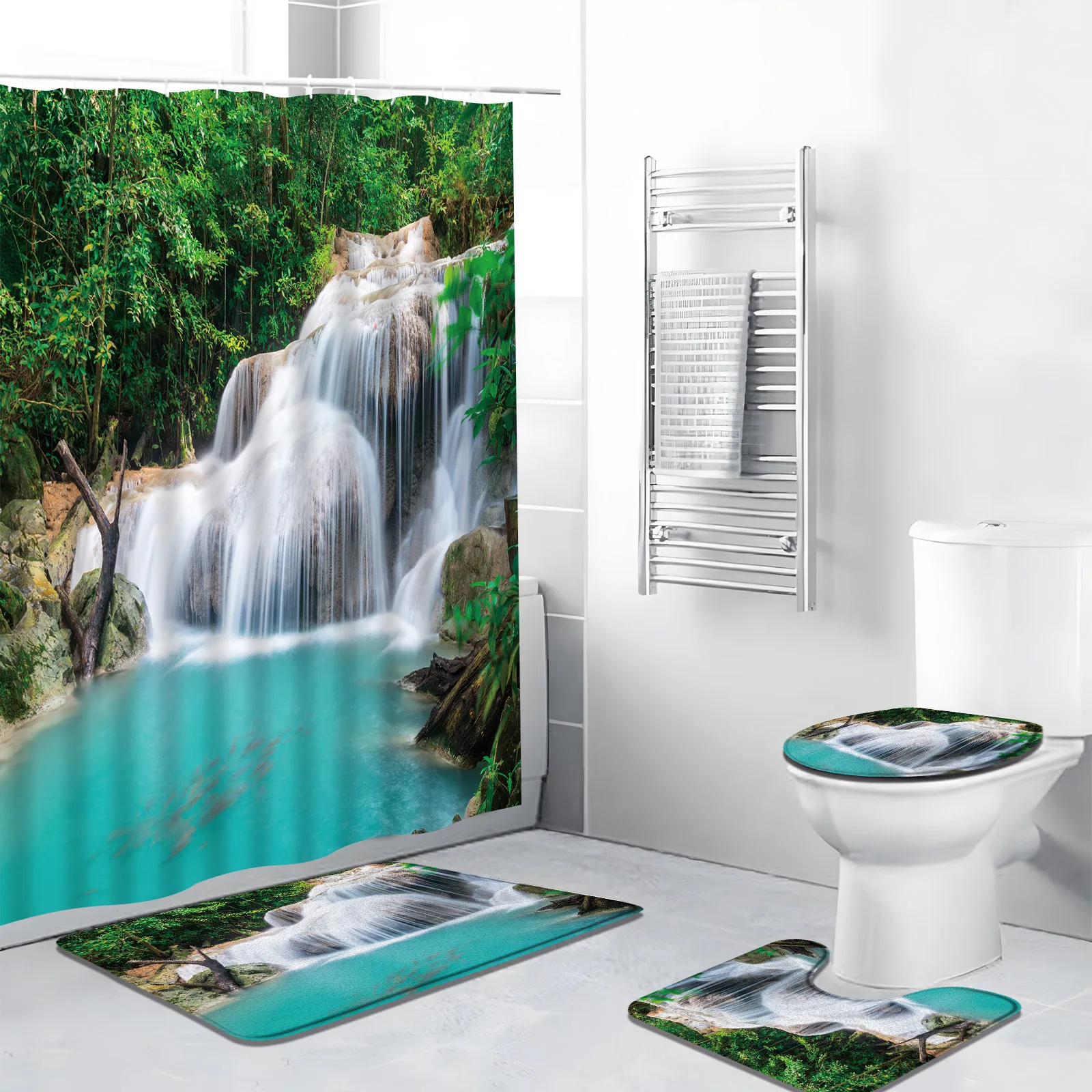 

4pcs/Set Forest Landscape Shower Curtain Tropical Jungle Plant Waterfall Nature Scenery Bathroom Decor Bath Mat Rug Toilet Cover