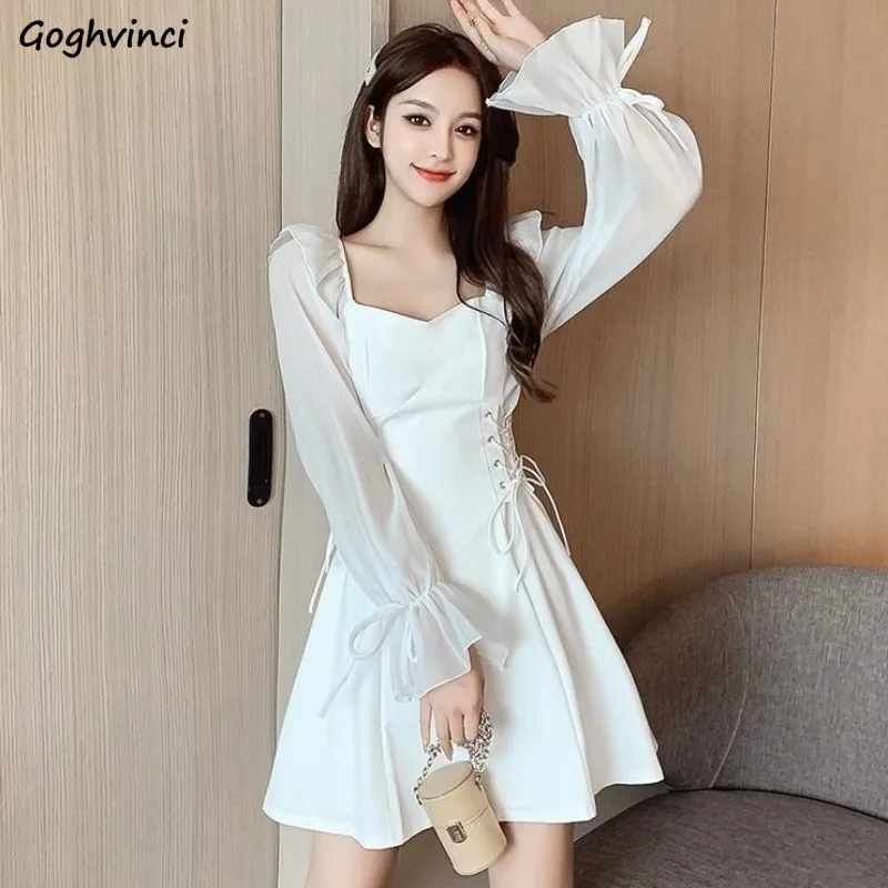 

Fashion Dresses for Women Summer Mini Long Sleeve Chiffon Thin All-match Gentle Clothing Korea Style Casual New Lace-up Sheer